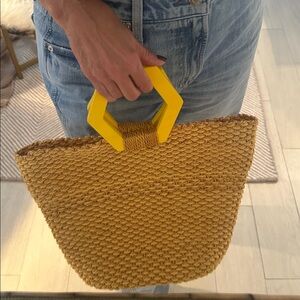 Yellow Woven Tote Bag with Hexagonal Resin Handle
